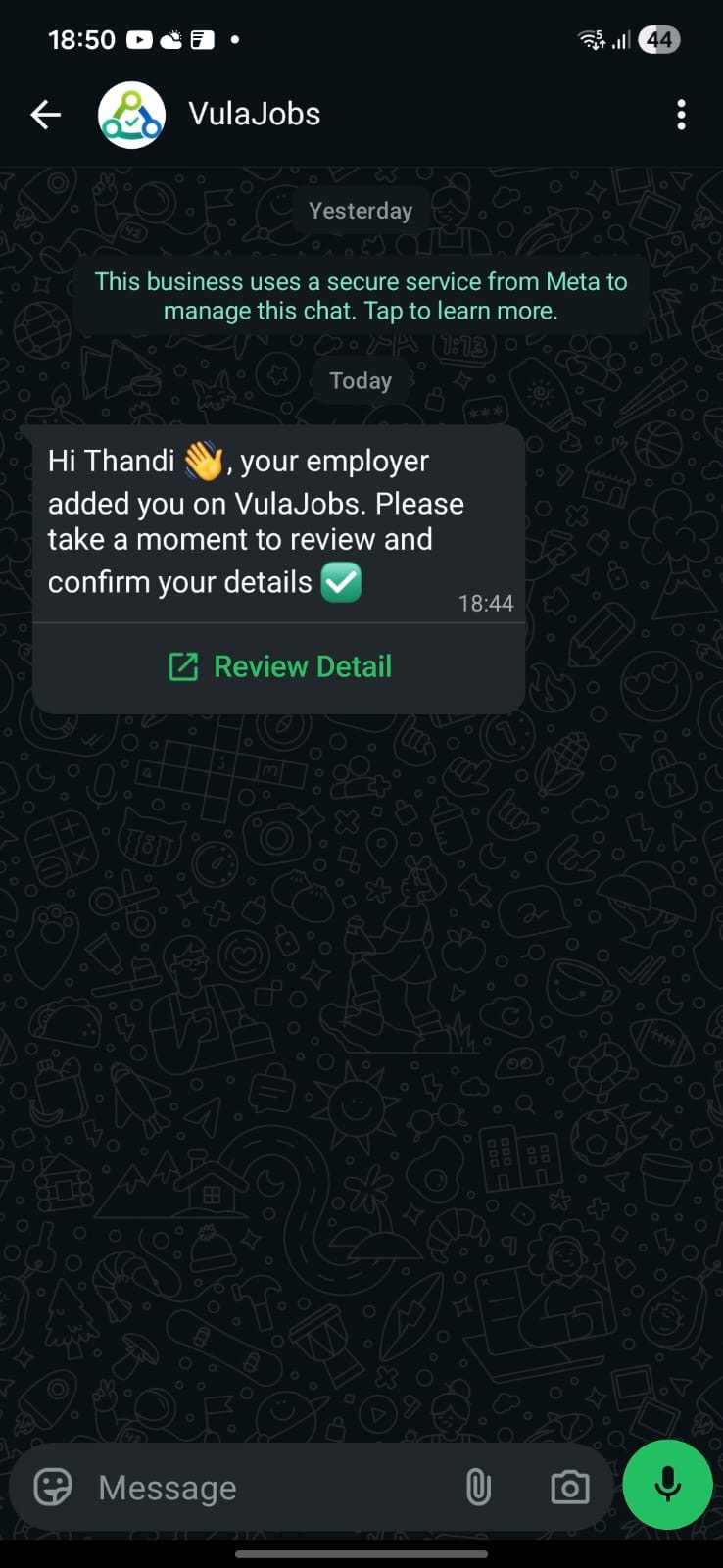 WhatsApp message asking the worker to review and confirm their details