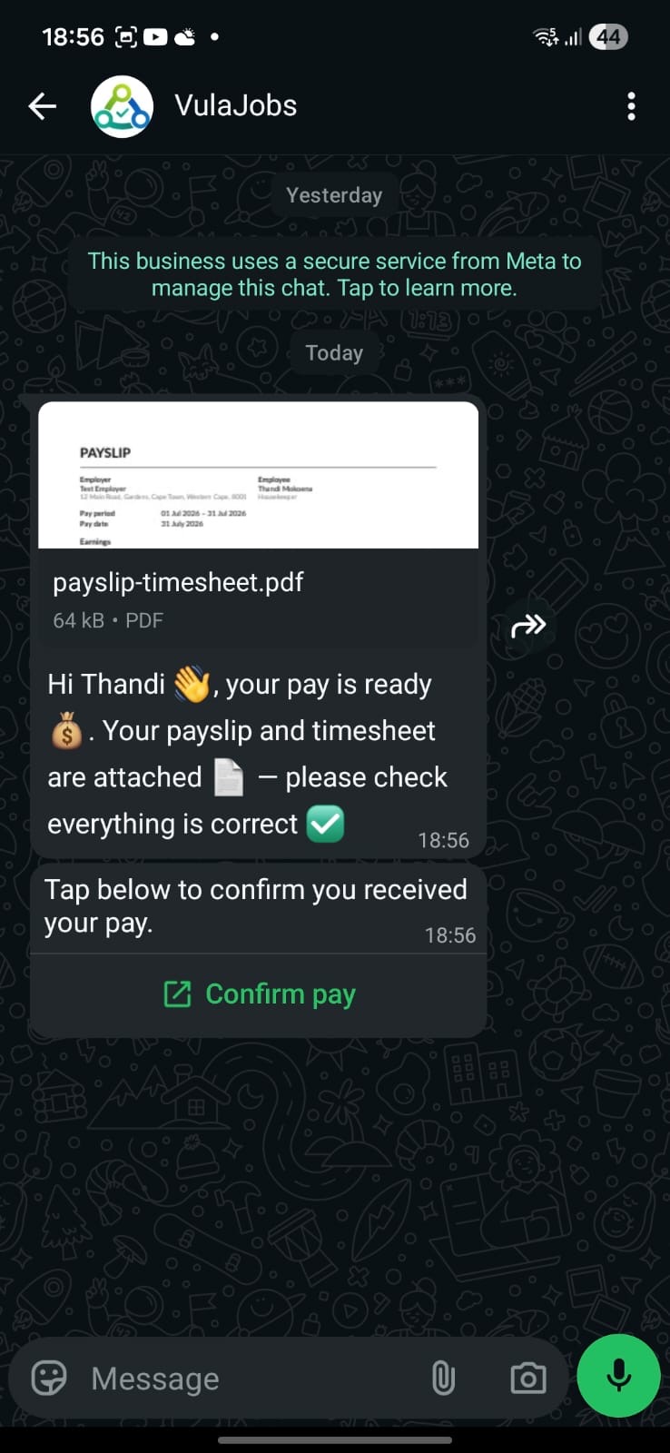 WhatsApp message with payslip and timesheet to confirm pay received