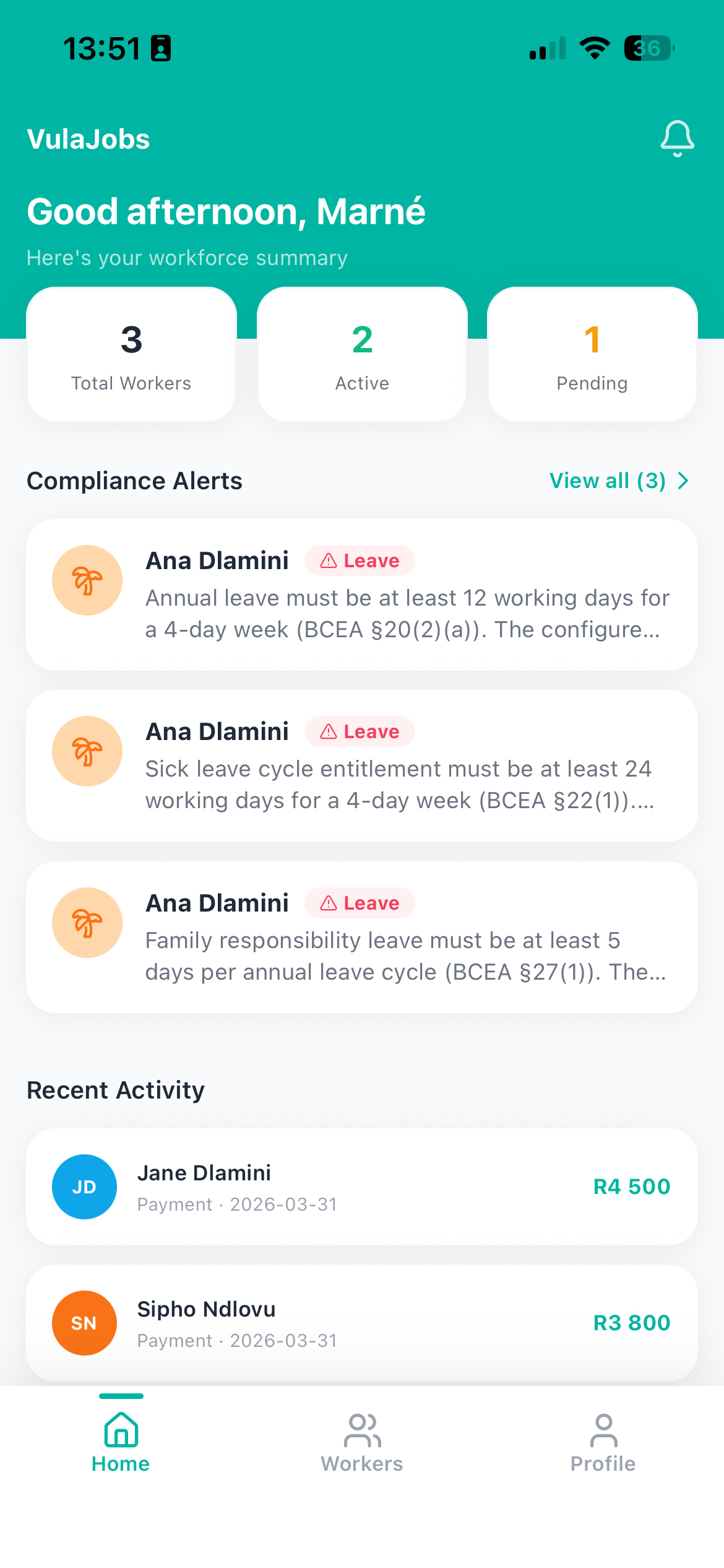 VulaJobs home dashboard