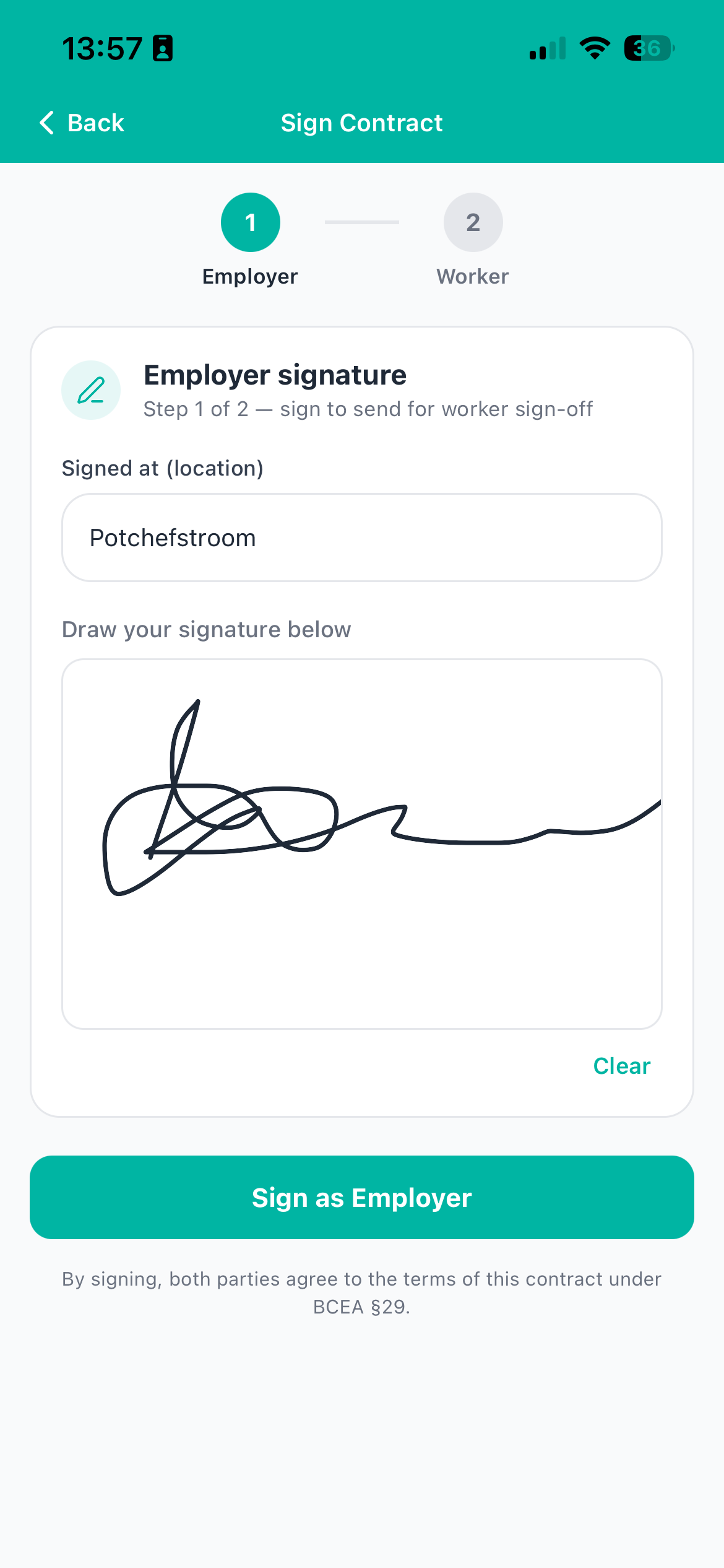Sign contract screen