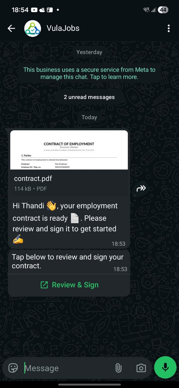 WhatsApp message with the employment contract to review and sign